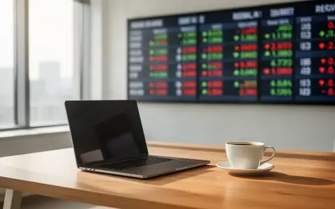 Ein moderner, heller Büroarbeitsplatz mit einem Laptop auf einem Schreibtisch vor einer verschwommenen Börsenanzeige. - Foto: über boerse-global.de
