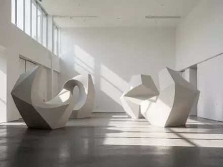 Ein minimalistischer, lichtdurchfluteter Raum mit abstrakten Skulpturen und geometrischen Schatten auf einem Betonboden. - Foto: über boerse-global.de