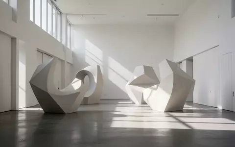 Ein minimalistischer, lichtdurchfluteter Raum mit abstrakten Skulpturen und geometrischen Schatten auf einem Betonboden. - Foto: über boerse-global.de