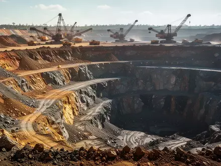 Ein offener Tagebau in einer sonnigen, zerklüfteten Landschaft mit tiefen geologischen Schichten und Erdaushub. - Foto: über boerse-global.de