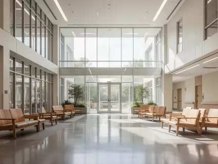 Ein helles, modernes Krankenhaus-Atrium mit minimalistischer Architektur und einladenden Sitzgelegenheiten bei Tageslicht. - Foto: über boerse-global.de