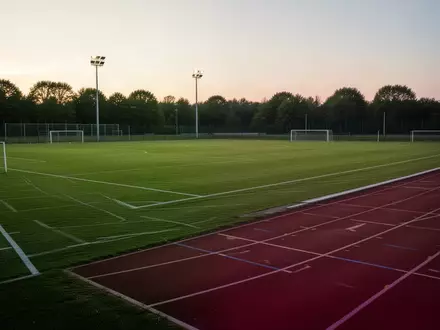 Ein leerer Sportplatz mit Laufbahn in der Abenddämmerung. - Foto: über boerse-global.de