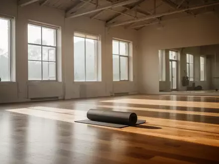 Ein heller, minimalistischer Fitnessraum mit Holzboden und einer zusammengerollten Yogamatte im sanften Sonnenlicht. - Foto: über boerse-global.de