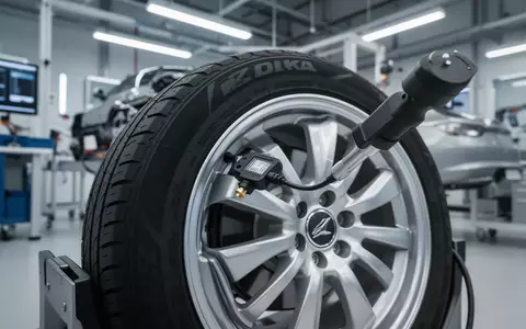 Ein technischer Sensor an einer Autoreifenfelge in einer modernen Werkstatt. - Foto: über boerse-global.de