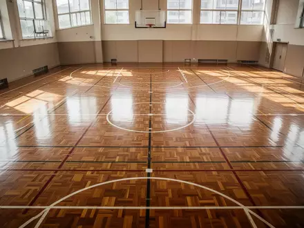 Leere, sonnendurchflutete Schulturnhalle mit Linien auf dem Parkettboden. - Foto: über boerse-global.de