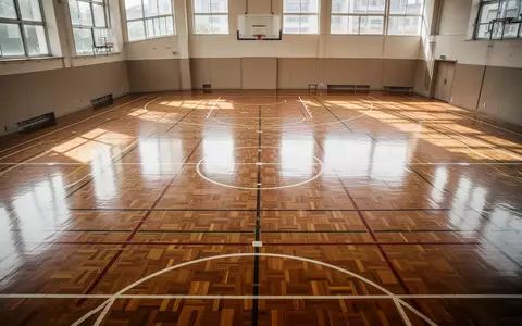 Leere, sonnendurchflutete Schulturnhalle mit Linien auf dem Parkettboden. - Foto: über boerse-global.de