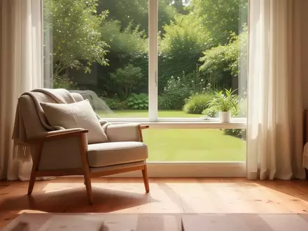 Ein lichtdurchflutetes Wohnzimmer mit einem bequemen Sessel vor einem Fenster mit Blick in einen grĂĽnen Garten. - Foto: ĂĽber boerse-global.de