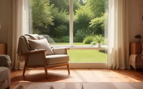 Ein lichtdurchflutetes Wohnzimmer mit einem bequemen Sessel vor einem Fenster mit Blick in einen grünen Garten. - Foto: über boerse-global.de