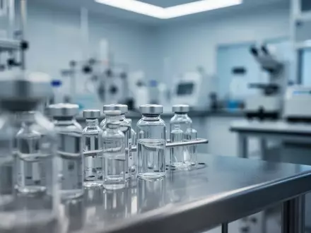 Moderne, sterile Laborumgebung mit Glasphiolen auf einem Edelstahltisch. - Foto: über boerse-global.de
