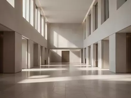 Ein minimalistisches, modernes Behördengebäude mit klaren Linien, hellem Tageslicht und leeren Fluren. - Foto: über boerse-global.de