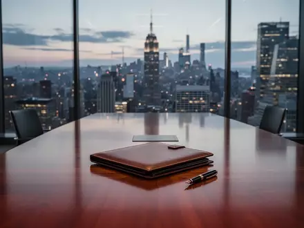 Ein minimalistischer Konferenzraum mit Blick auf ein Finanzviertel zur Dämmerung, der eine professionelle Geschäftsatmosphäre vermittelt. - Foto: über boerse-global.de