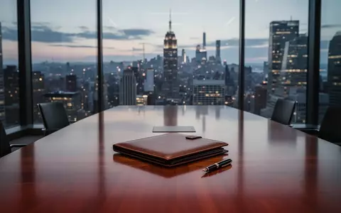 Ein minimalistischer Konferenzraum mit Blick auf ein Finanzviertel zur Dämmerung, der eine professionelle Geschäftsatmosphäre vermittelt. - Foto: über boerse-global.de