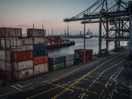 Hafenlandschaft in Antwerpen mit gestapelten Containern und Hafeninfrastruktur bei Dämmerung. - Foto: über boerse-global.de