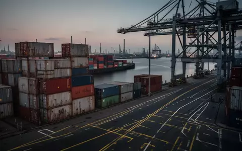 Hafenlandschaft in Antwerpen mit gestapelten Containern und Hafeninfrastruktur bei Dämmerung. - Foto: über boerse-global.de