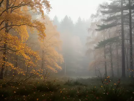 Ein nebliger Herbstwald mit goldenem Laub als Symbol für die beginnende kühle Jahreszeit und gesundheitliche Vorsorge. - Foto: über boerse-global.de