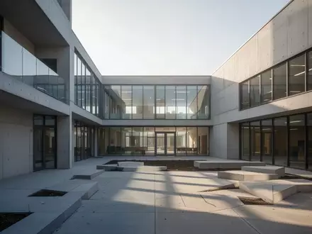 Modernes Schulgebäude mit minimalistischer Architektur und klaren geometrischen Strukturen bei Tageslicht. - Foto: über boerse-global.de