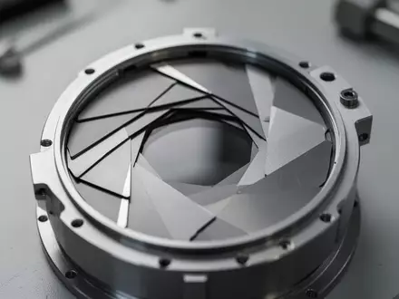 Nahaufnahme einer hochpräzisen mechanischen Blendenmechanik mit überlappenden Lamellen auf einer Werkbank. - Foto: über boerse-global.de
