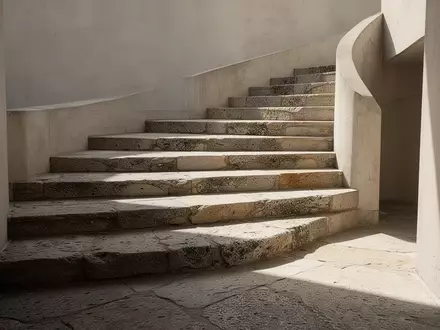 Eine steinerne Treppe in einer minimalistischen Architektur, die das Thema der mechanischen Gelenkbelastung symbolisiert. - Foto: über boerse-global.de