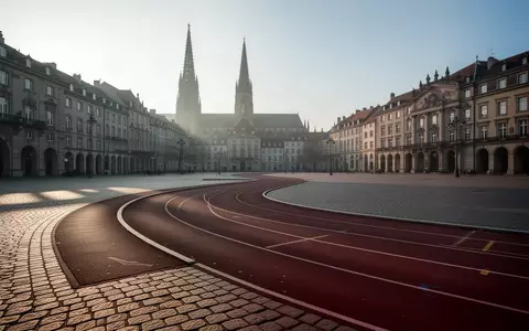 Eine leere Laufstrecke auf einem historischen Stadtplatz vor einem Kirchturm bei Sonnenaufgang. - Foto: über boerse-global.de