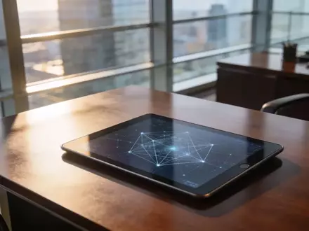 Ein moderner, minimalistischer Büroraum mit einem Tablet, das digitale Netzwerkmuster zeigt, vor einer Skyline. - Foto: über boerse-global.de