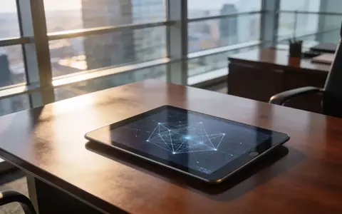 Ein moderner, minimalistischer Büroraum mit einem Tablet, das digitale Netzwerkmuster zeigt, vor einer Skyline. - Foto: über boerse-global.de