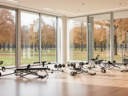 Ein heller, minimalistischer Trainingsraum mit großen Fenstern und Blick in einen Park, ausgestattet mit professionellen Geräten. - Foto: über boerse-global.de