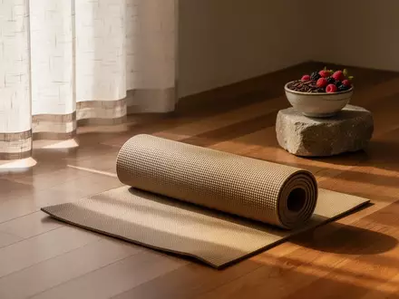 Ein minimalistischer Wellness-Raum mit einer zusammengerollten Yogamatte und einer Schale mit gesunden Lebensmitteln. - Foto: über boerse-global.de