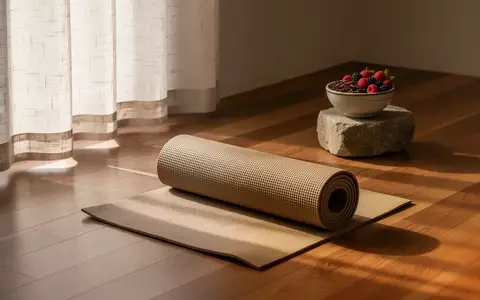 Ein minimalistischer Wellness-Raum mit einer zusammengerollten Yogamatte und einer Schale mit gesunden Lebensmitteln. - Foto: über boerse-global.de