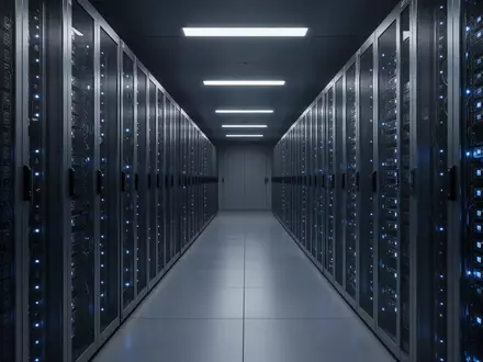 Ein moderner, schwach beleuchteter Serverraum mit metallischen Rack-Gehäusen in einer industriellen Umgebung. - Foto: über boerse-global.de