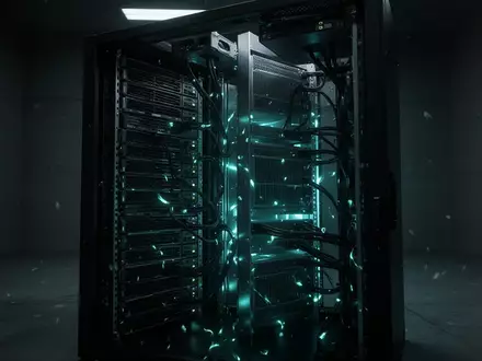 Ein dunkler, minimalistischer Serverraum mit einem schwachen, cyanfarbenen Leuchten, das aus dem Inneren der Hardware dringt. - Foto: über boerse-global.de