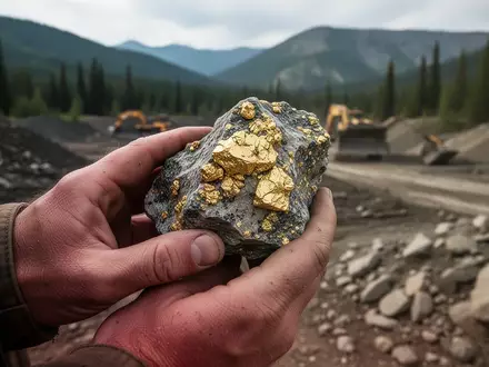 Geologe hält ein goldhaltiges Quarzgestein in einem Bergbaugebiet. - Foto: über boerse-global.de