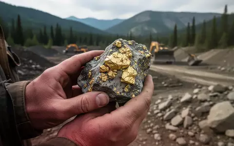Geologe hält ein goldhaltiges Quarzgestein in einem Bergbaugebiet. - Foto: über boerse-global.de
