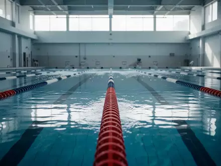 Eine leere Schwimmbahn in einem Hallenbad mit klarem blauem Wasser und einer Bodenmarkierung. - Foto: über boerse-global.de