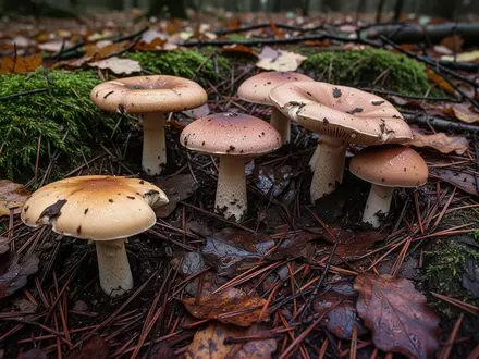 Mehrere wilde Pilze wachsen auf einem feuchten, mit Moos und Laub bedeckten Waldboden. - Foto: über boerse-global.de
