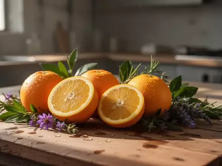 Frische Zitrusfrüchte und botanische Zutaten auf einem rustikalen Holztisch in einer hellen Küche. - Foto: über boerse-global.de