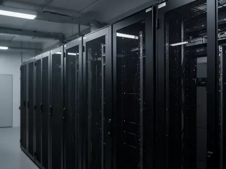 Minimalistische, moderne Serverraum-Architektur mit matten Metall-Serverracks in kühler Beleuchtung. - Foto: über boerse-global.de