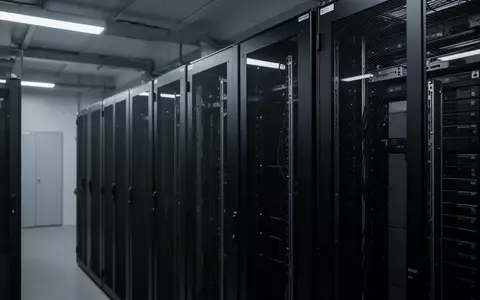 Minimalistische, moderne Serverraum-Architektur mit matten Metall-Serverracks in kühler Beleuchtung. - Foto: über boerse-global.de