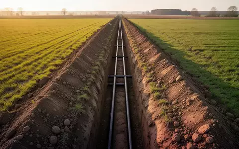 Frisch ausgehobener Graben für Glasfaserleitungen in einer ländlichen Landschaft bei spätem Nachmittagslicht. - Foto: über boerse-global.de