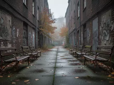 Eine trostlose, leere Gasse in einer deutschen Großstadt mit verwitterten Backsteinmauern und leeren Parkbänken an einem bewölkten Tag. - Foto: über boerse-global.de
