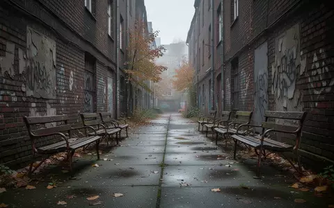 Eine trostlose, leere Gasse in einer deutschen Großstadt mit verwitterten Backsteinmauern und leeren Parkbänken an einem bewölkten Tag. - Foto: über boerse-global.de