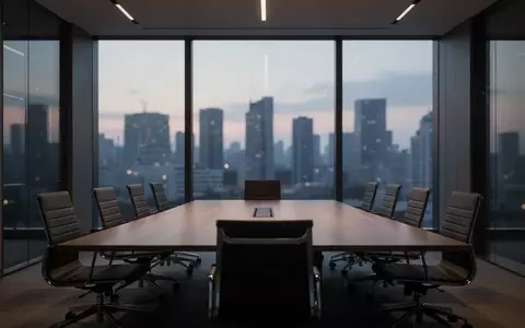 Ein moderner, leerer Konferenzraum mit minimalistischem Design und Blick auf eine Stadt bei Dämmerung. - Foto: über boerse-global.de