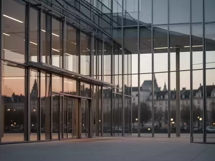Moderne Glas- und Stahlfassade eines Verwaltungsgebäudes in der Dämmerung als Symbol für institutionelle Sicherheitsstrukturen. - Foto: über boerse-global.de