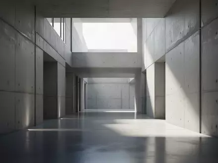 Ein minimalistischer, moderner Flur mit Betonwänden und diffusem Tageslicht, der eine ruhige und strukturierte Umgebung darstellt. - Foto: über boerse-global.de