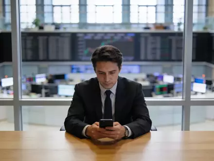 Ein Investor blickt besorgt auf sein Smartphone an einem modernen Schreibtisch in einem Finanzbüro. - Foto: über boerse-global.de