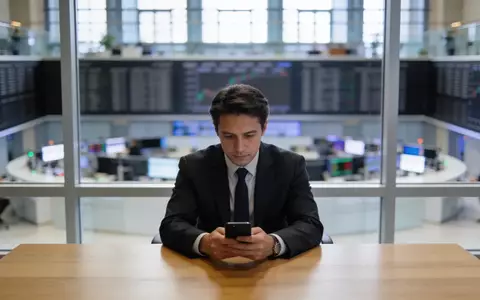 Ein Investor blickt besorgt auf sein Smartphone an einem modernen Schreibtisch in einem Finanzbüro. - Foto: über boerse-global.de