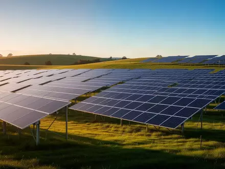 Moderne Solaranlage in einer weitläufigen Landschaft bei Sonnenuntergang. - Foto: über boerse-global.de