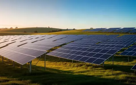 Moderne Solaranlage in einer weitläufigen Landschaft bei Sonnenuntergang. - Foto: über boerse-global.de