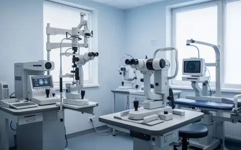 Ein steriler Untersuchungsraum in einer Augenarztpraxis mit medizinischen Diagnosegeräten ohne Personen. - Foto: über boerse-global.de