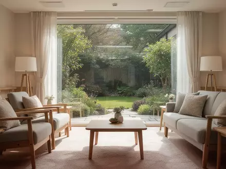 Ein helles, freundliches Wohnzimmer in einer modernen Pflegeeinrichtung mit Blick in einen ruhigen Garten. - Foto: über boerse-global.de