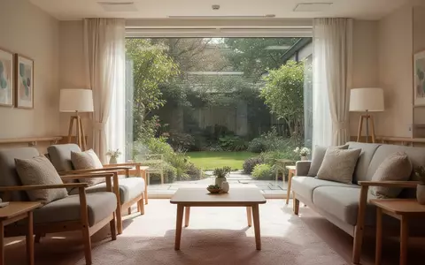 Ein helles, freundliches Wohnzimmer in einer modernen Pflegeeinrichtung mit Blick in einen ruhigen Garten. - Foto: über boerse-global.de